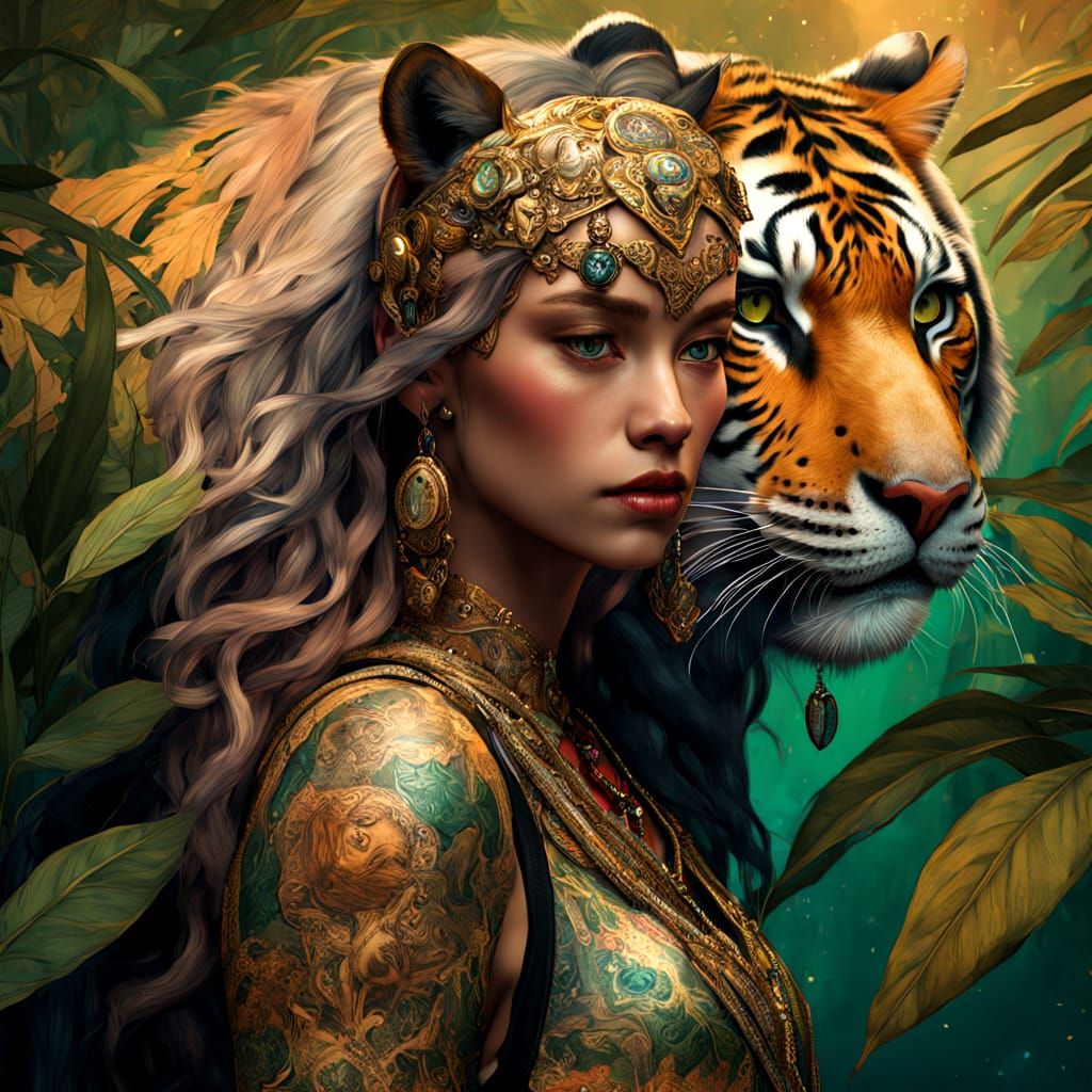 Klimt Tigress Warrior Woman with Gothic Jewels