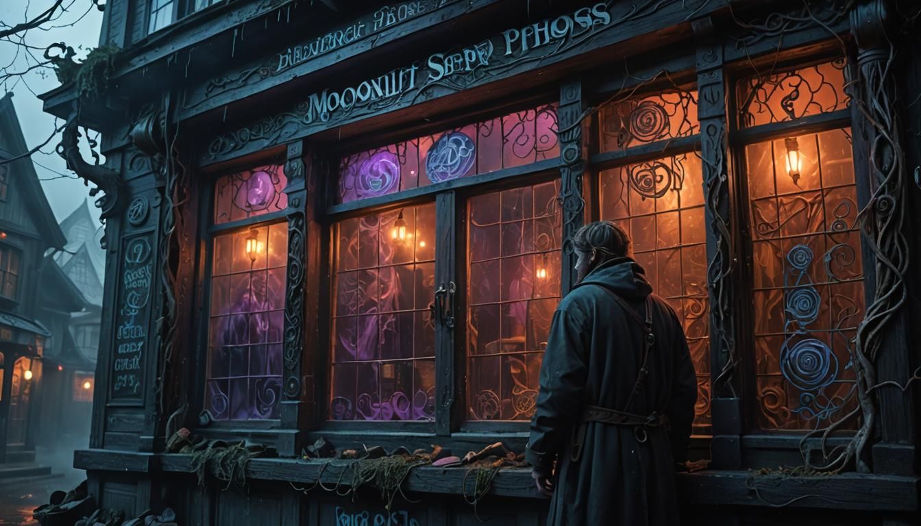 Twisted Moonlit Magic Shop in Dark Fantasy Style