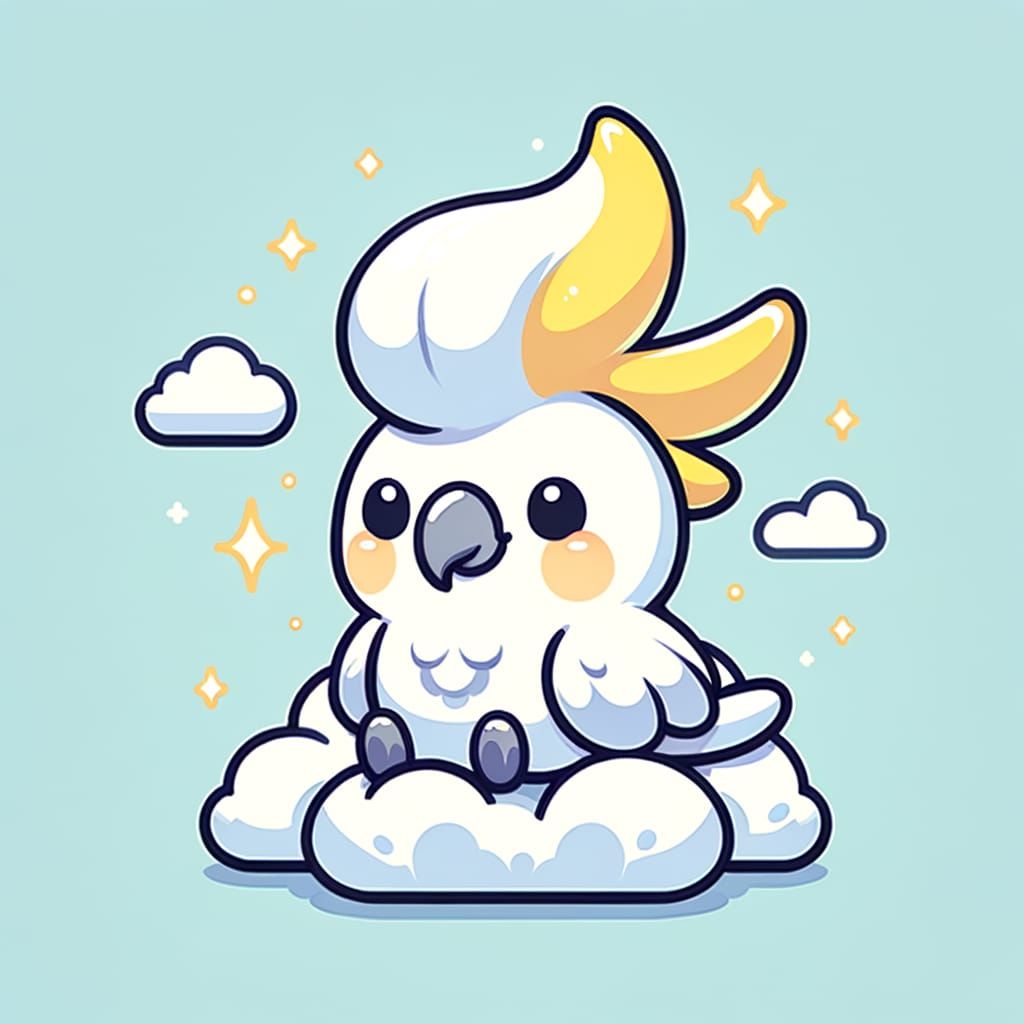 Whimsical Chibi Umbrella Cockatoo Sits on Fluffy Clouds