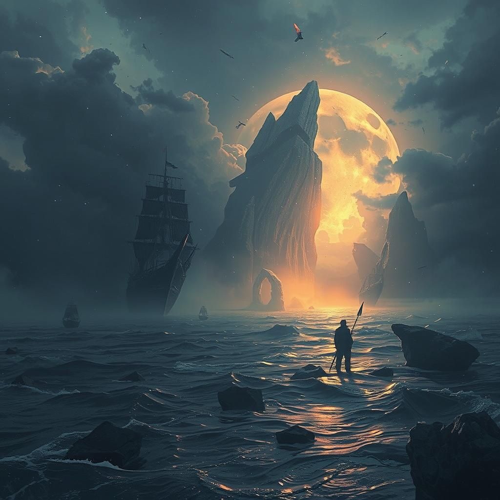 Dark Fantasy Shoreline Figure in Art Nouveau Style