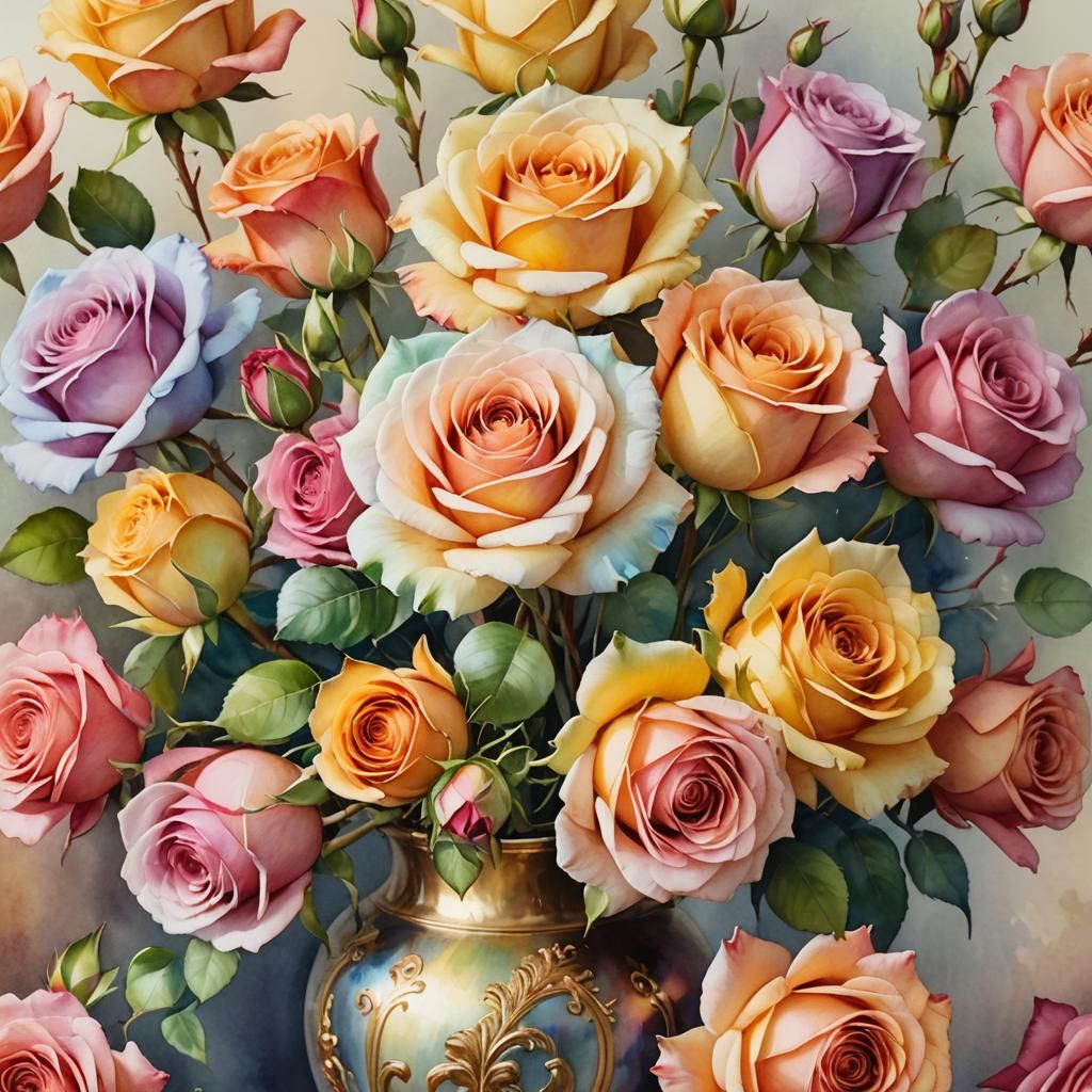 Rainbow Roses in Antique Vase as Watercolor Painting