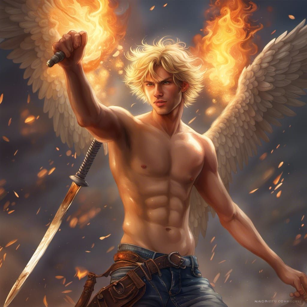 Blond Angel with Flaming Sword, Hyperrealistic Digital Art