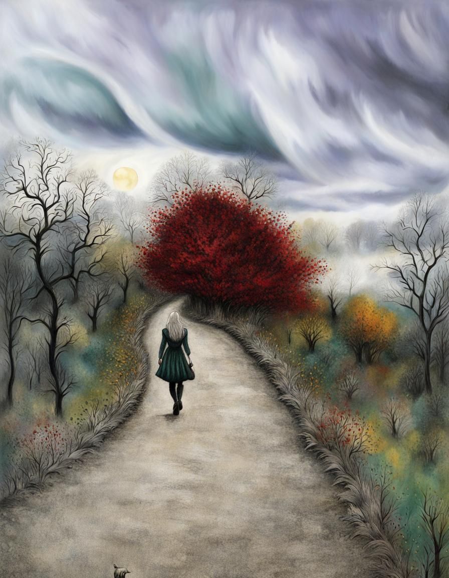 Gothic Woman in Forest of Beasts: Watercolor Art