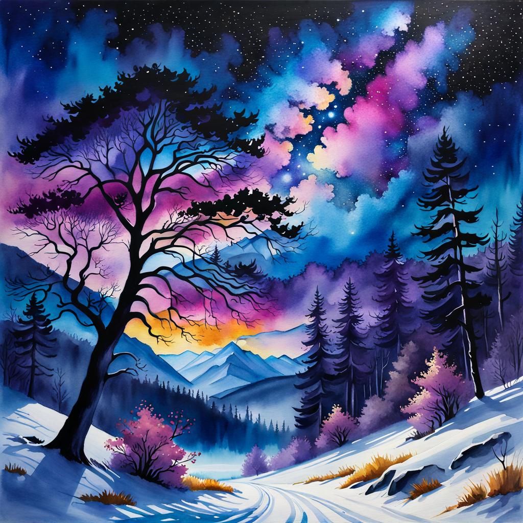 Mystical Nordic Trees in Watercolor Galaxy Sky