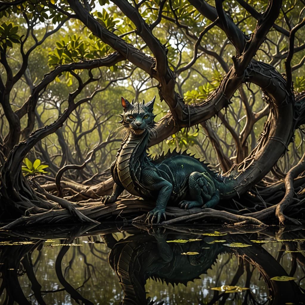 Feline Dragon in Mangrove Swamp, Eerie Lighting