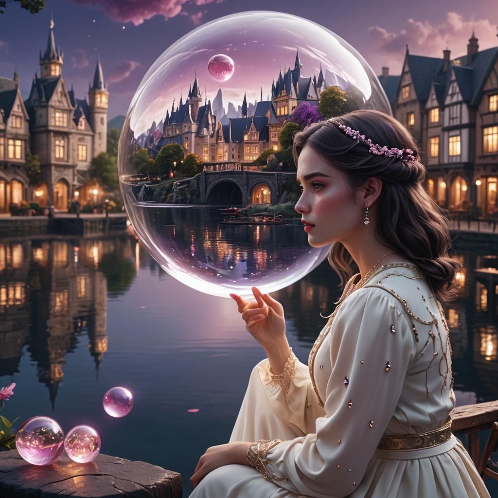 Woman Gazing at City in Crystal Ball