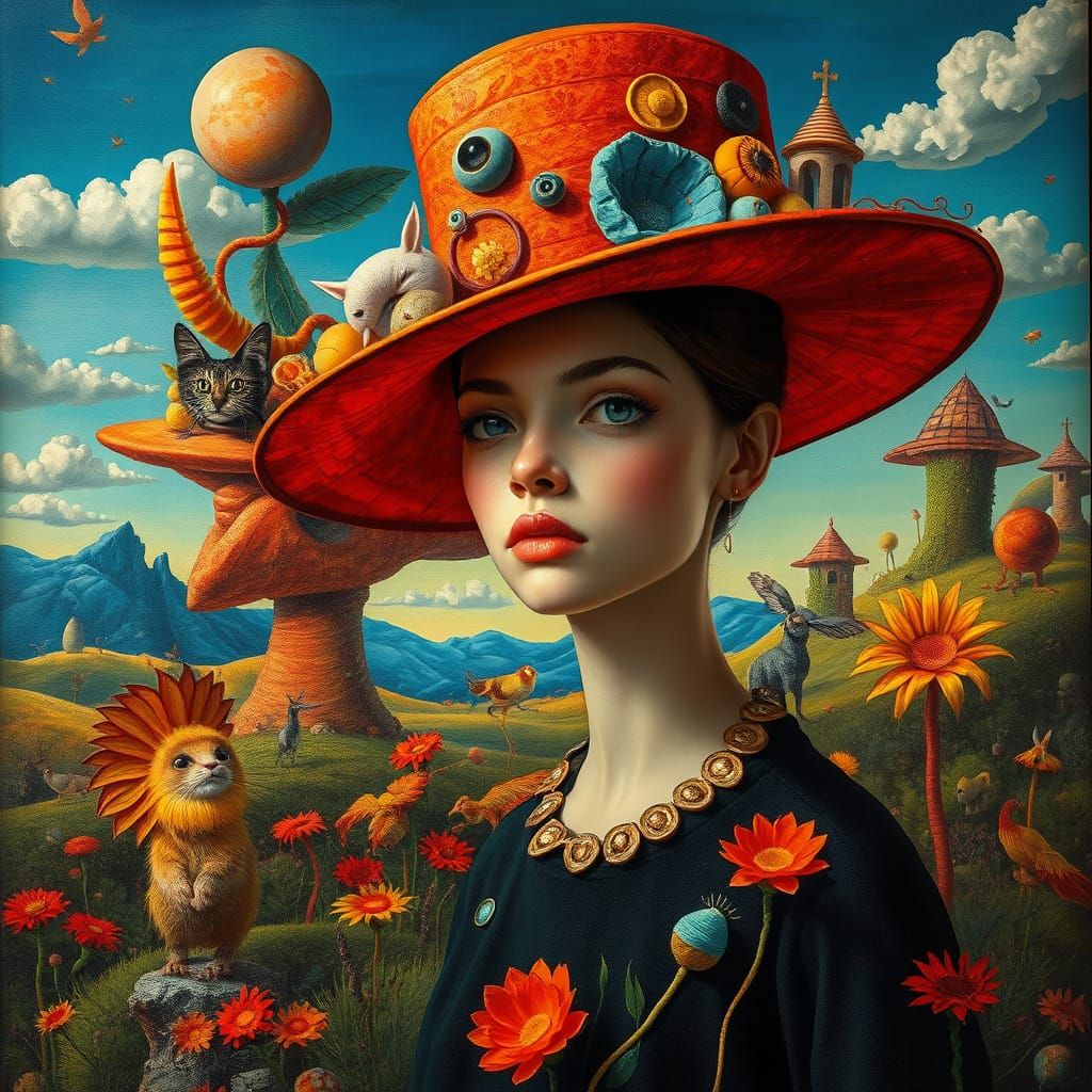 Surreal Landscape with Whimsical Hats and Fantastic Creature...