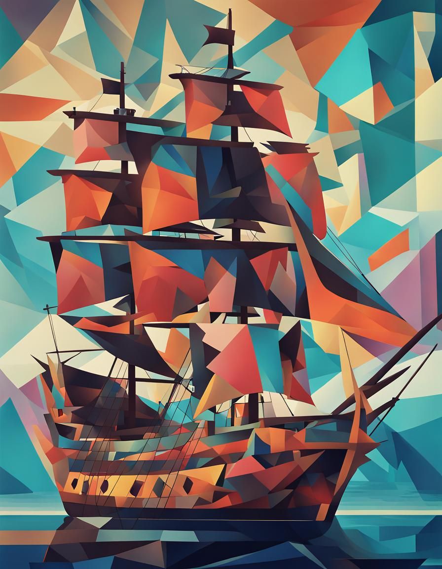 Cubist Tuvalu Pirate Ship in Geometric Fauvism Style