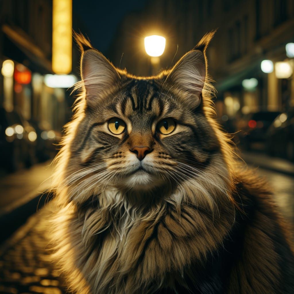 Elegant Maincoon Cat Basks in Parisian Golden Glow