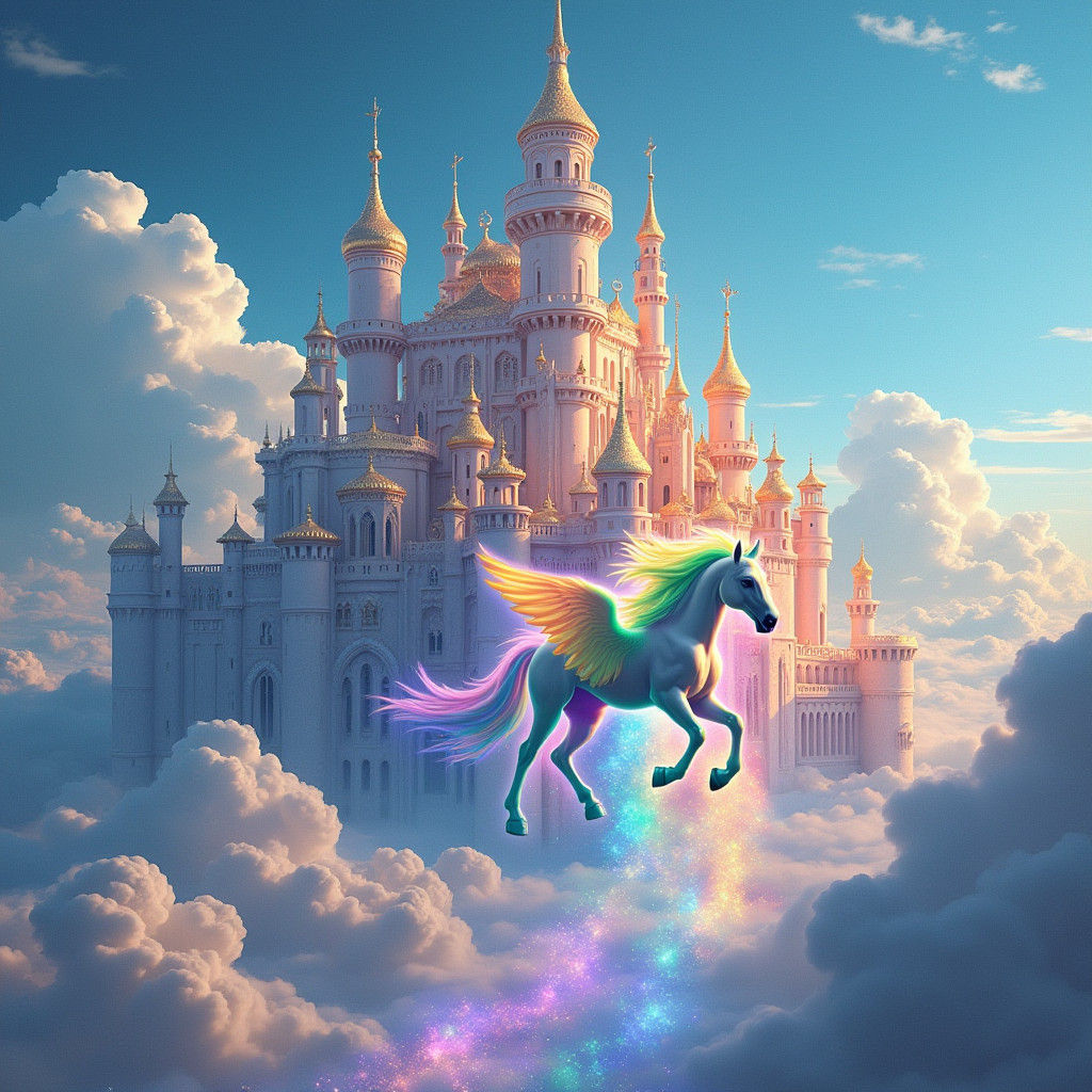 Rainbow Palace on Clouds with Flying Horse
