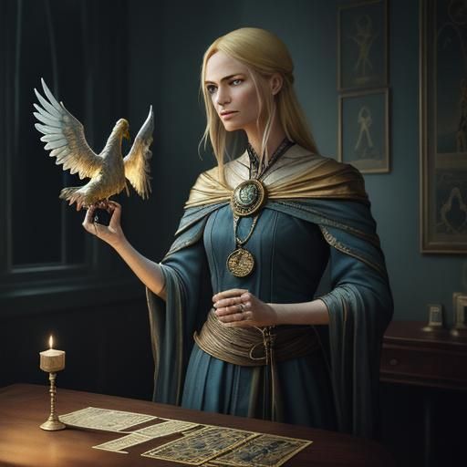 Mystical Tarot Reader with Phoenix in Digital Art
