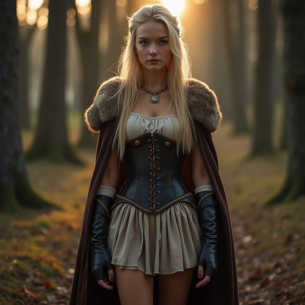Medieval Fashion: Blonde Woman in Skirt, Corset, and Cloak