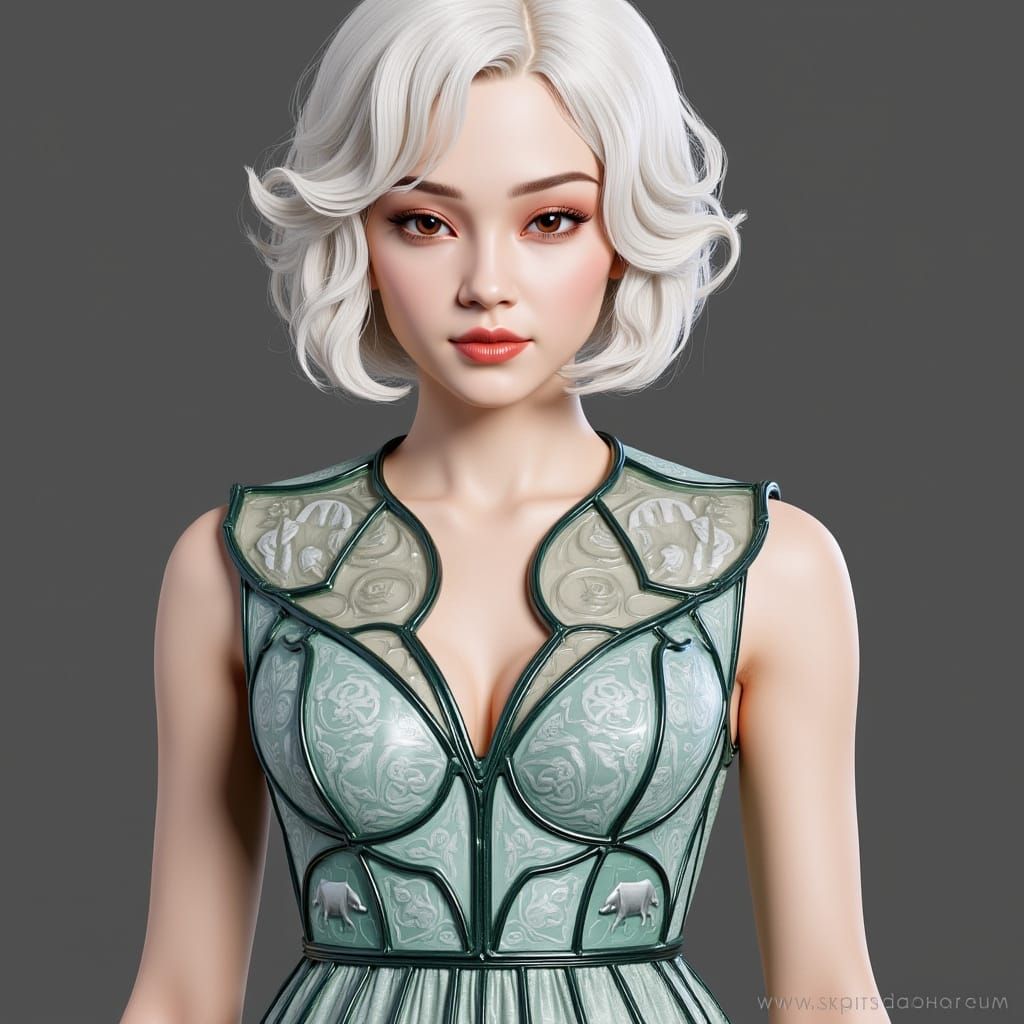 Woman in Stained Glass Dress with Swine Motifs