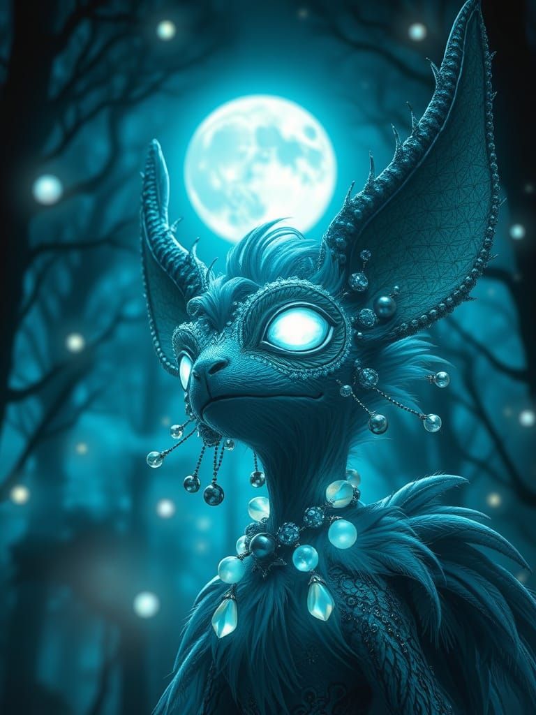 Ethereal Creature with Glowing Eyes in Moonlight