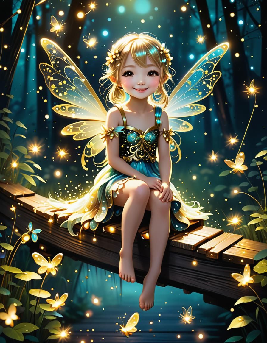 Chibi Fairy on Firefly Bridge: Whimsical Fantasy Art