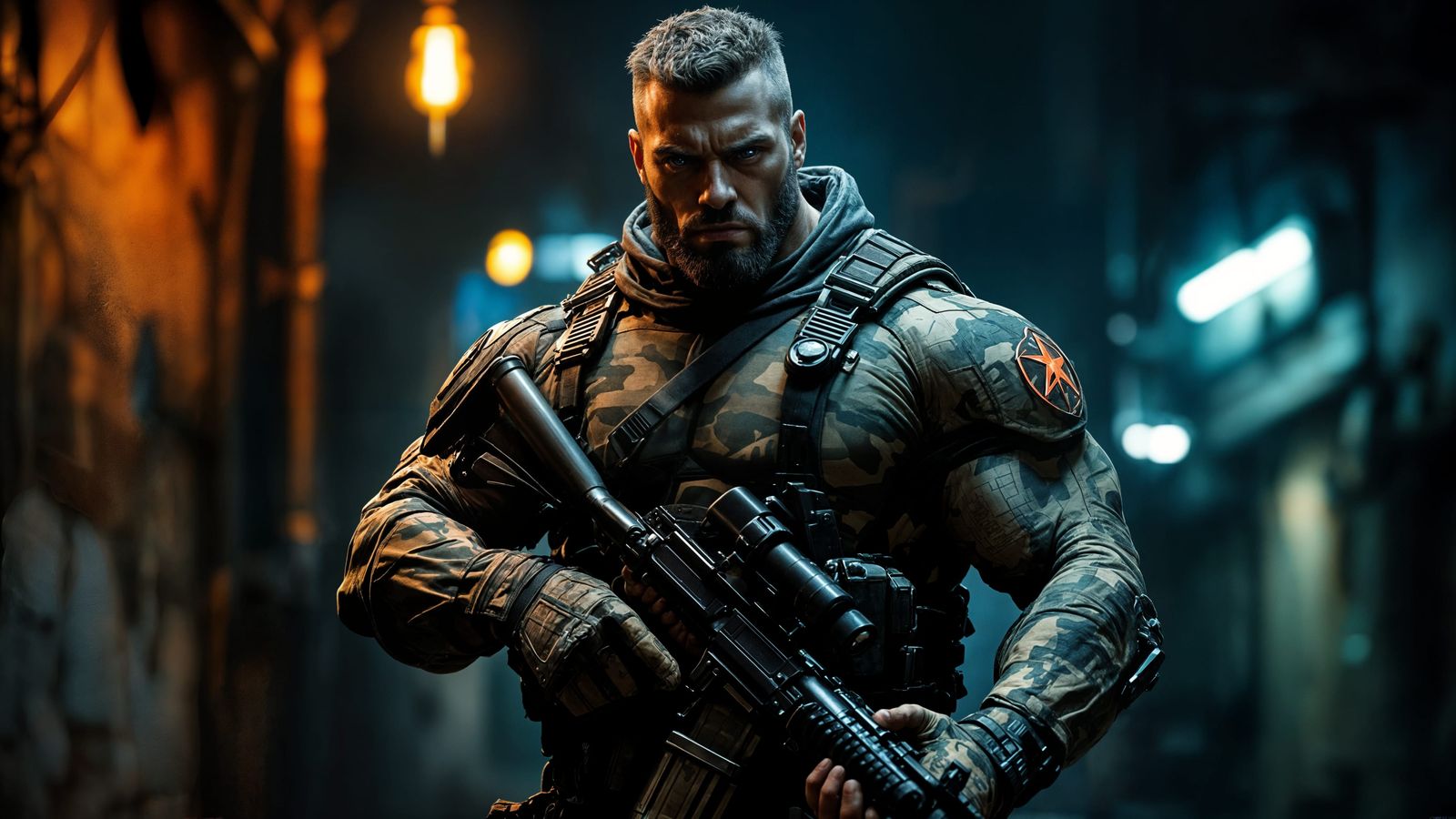 Epic Cinematic Film Still of Super Soldier in Camouflage Uni...