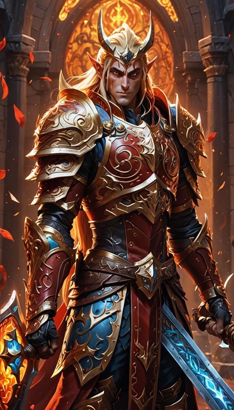 Blood Elf Paladin in Anime Style with Sword and Shield