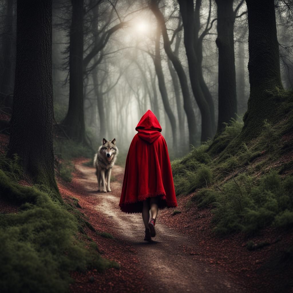 Hyperrealistic Little Red Riding Hood in Forest
