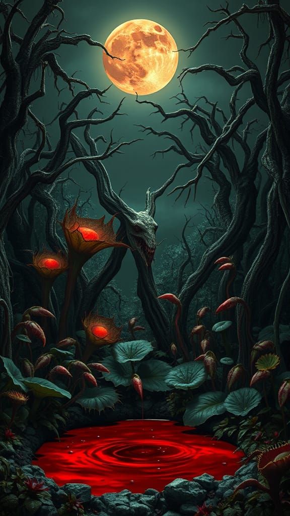 Dark Fantasy Garden Under Blood Moon