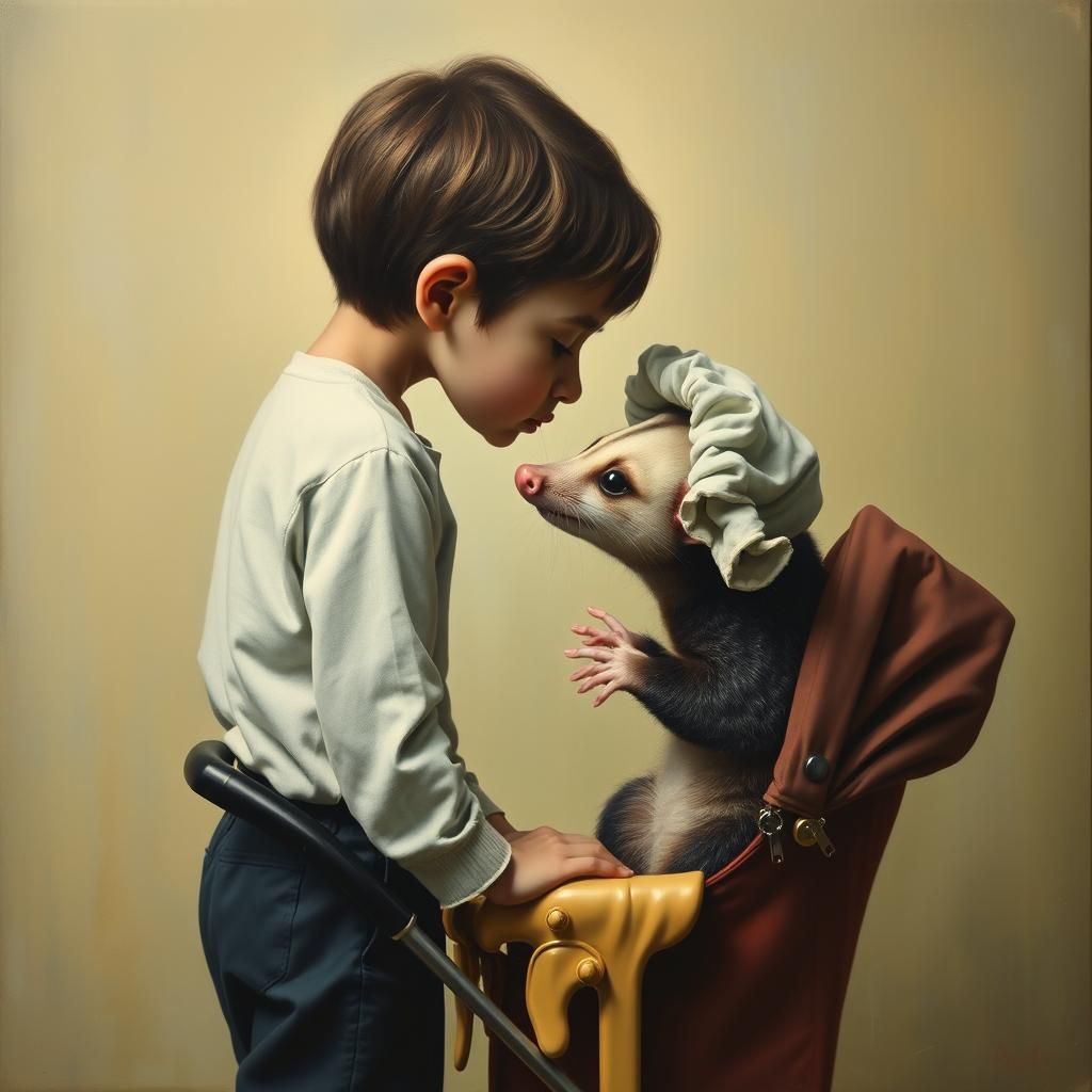 Surreal Kiss: Boy, Possum, and Fleeing Woman