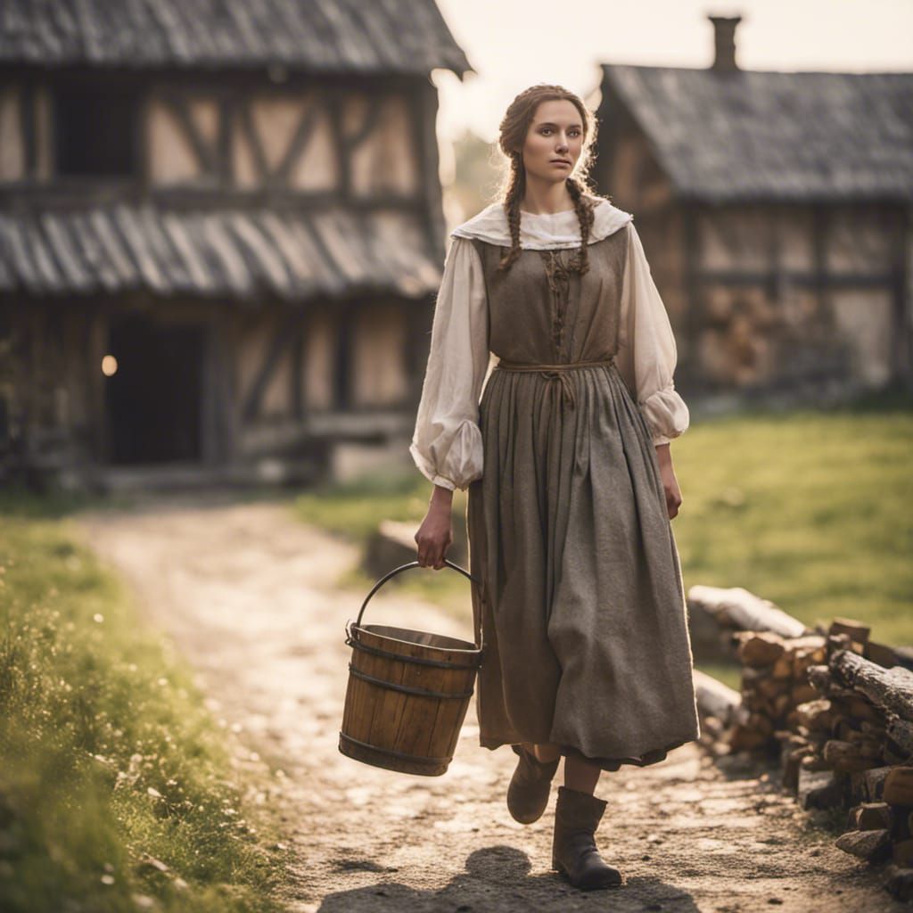 Medieval Peasant Woman with Milk Bucket, Natural Lighting