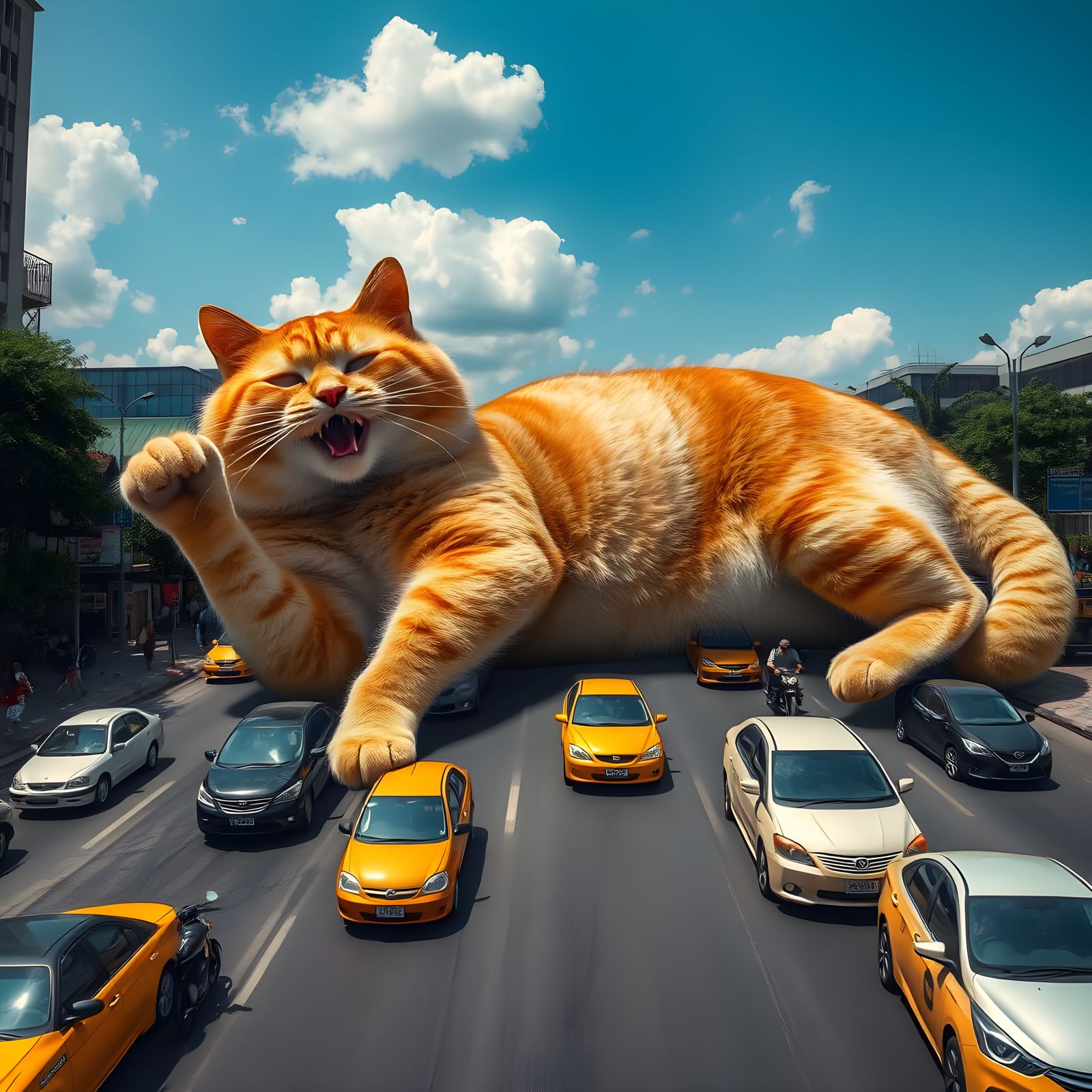 Giant Tabby Cat Blocks Bangkok Traffic