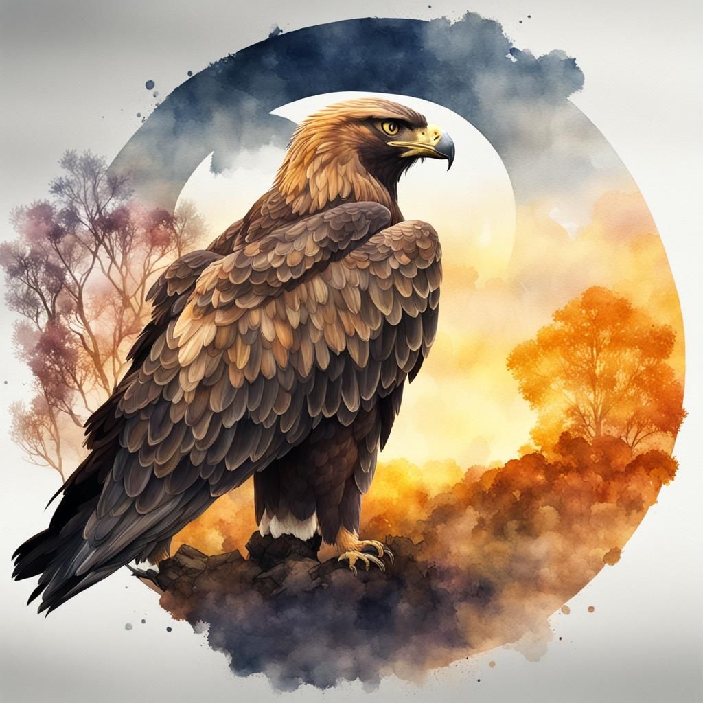 Golden Eagle and Harvest Moon Double Exposure