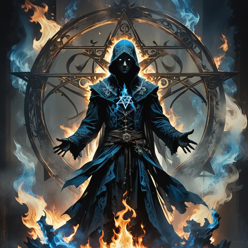 Mysterious Figure Before Blazing Pentagram