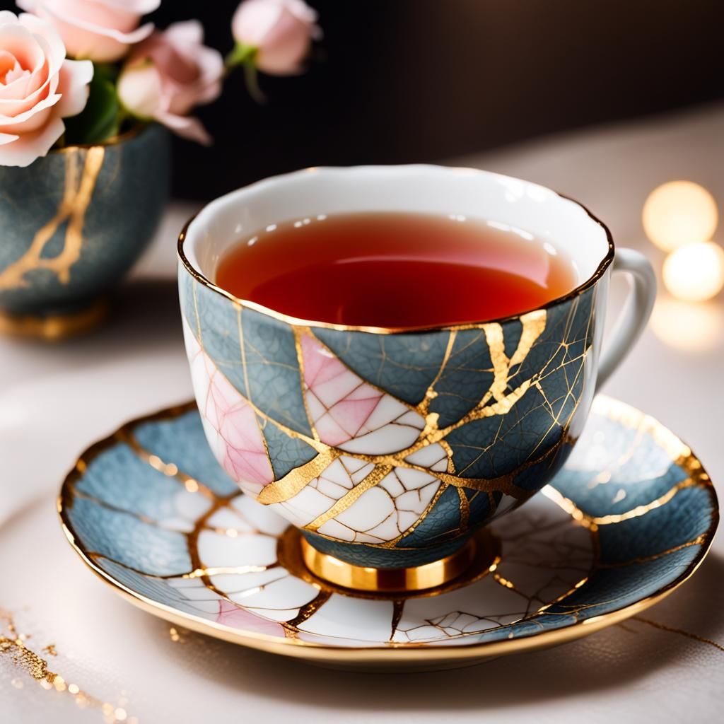 Kintsugi Teacup with Rose Pattern and Gold Repair