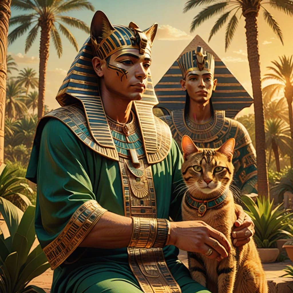 An pharaoh plays with a cat in his garden🐈