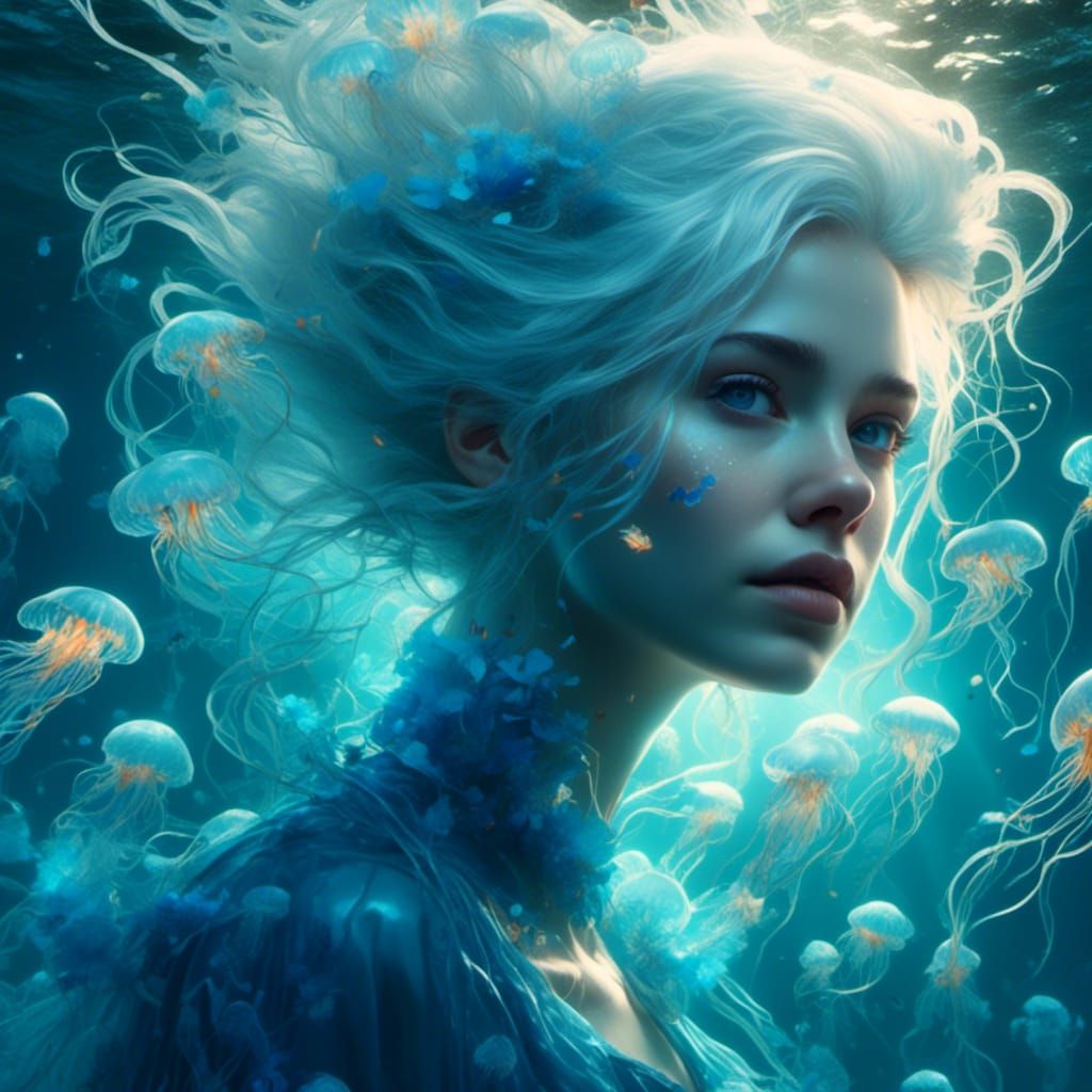 Underwater Woman Surrounded by Bioluminescent Jellyfish