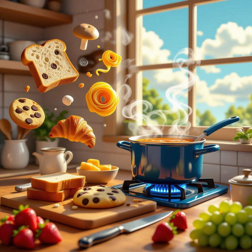 a whimsical and surreal kitchen scene where various food ite...