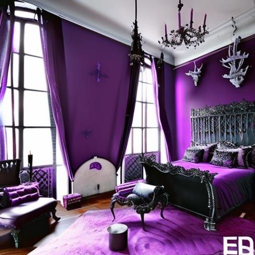 Gothic loft Apartment with Purple walls with Ethereal gothic silver windows& Purple Gothic victorian furniture& Purple g...
