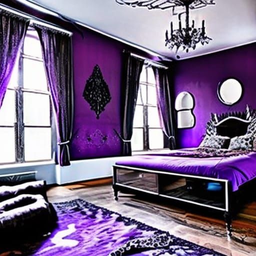 Gothic loft Apartment with Purple walls with Ethereal gothic silver windows& Purple Gothic victorian furniture& Purple g...