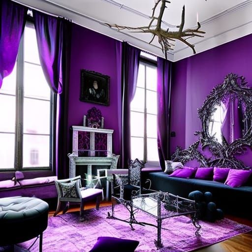 Gothic loft Apartment with Purple walls with Ethereal gothic silver windows& Purple Gothic victorian furniture& Purple g...