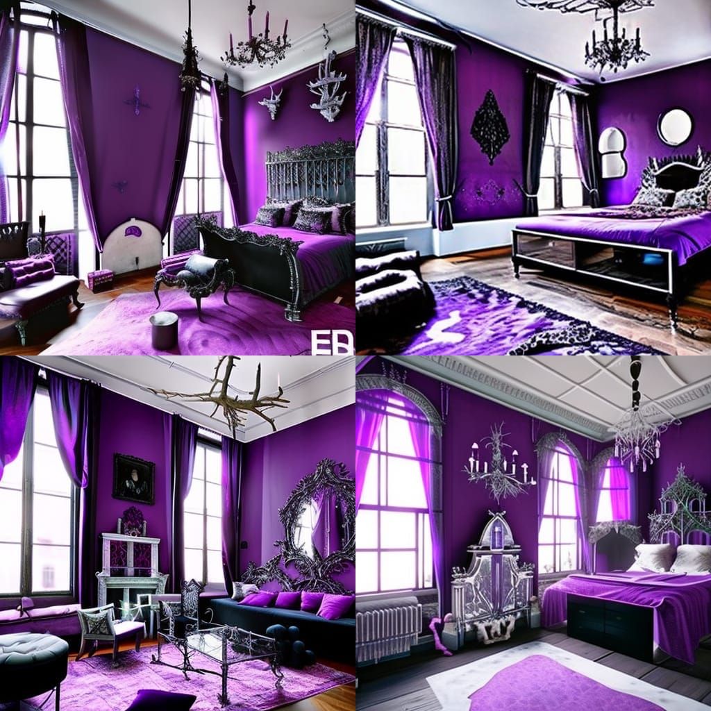 Gothic loft Apartment with Purple walls with Ethereal gothic silver windows& Purple Gothic victorian furniture& Purple g...