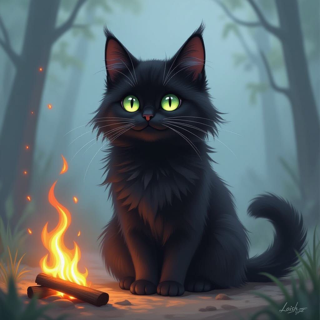 Black Cat Conjuring Fireballs in Fantasy Style