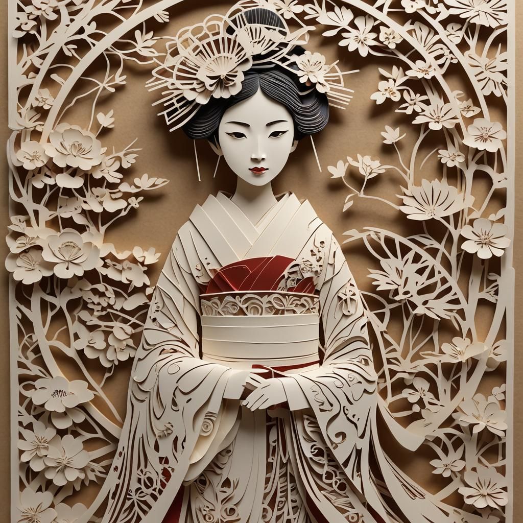 Elegant Kirigami Geisha Sculpture