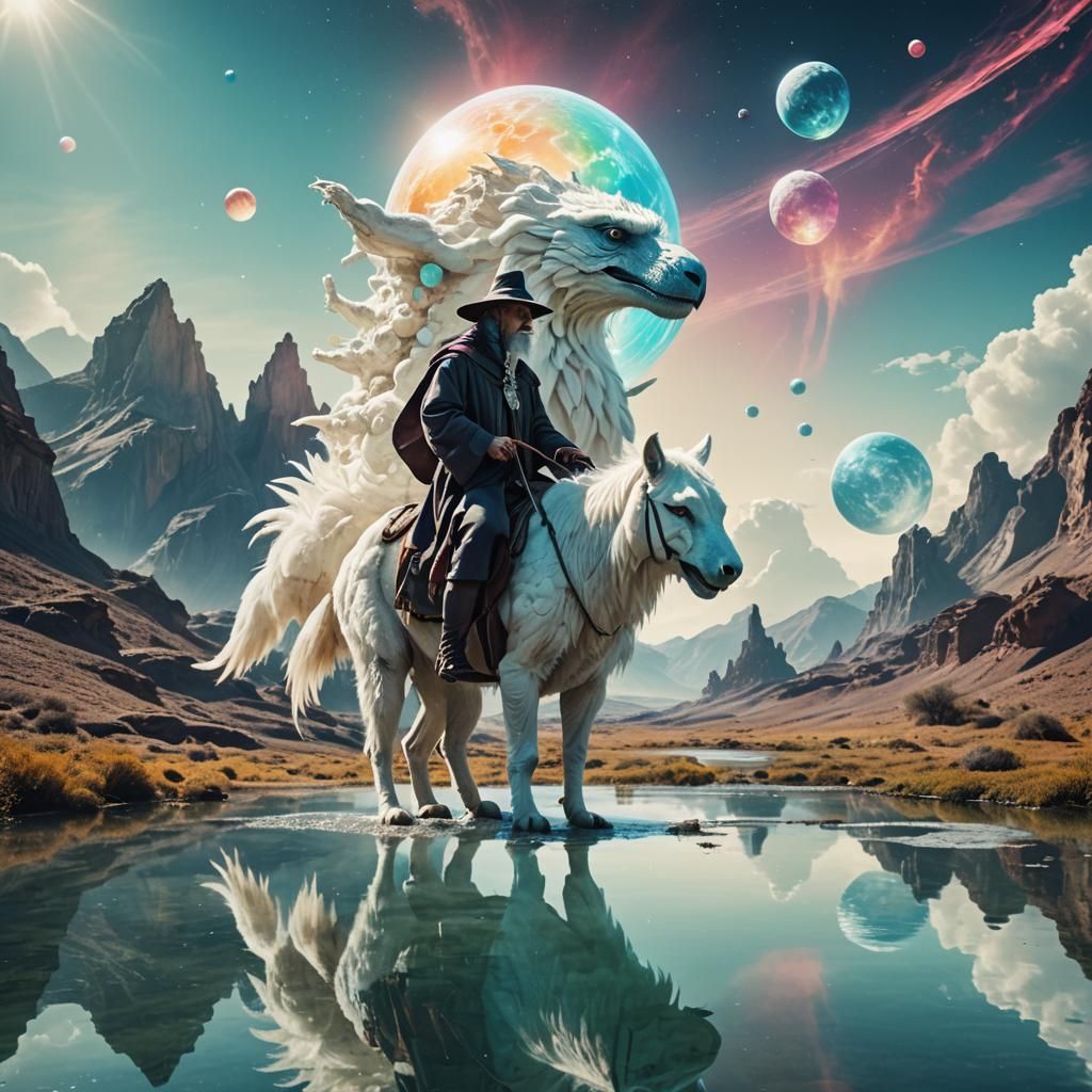 Wizard Rides Fluffy Beast on Alien Planet