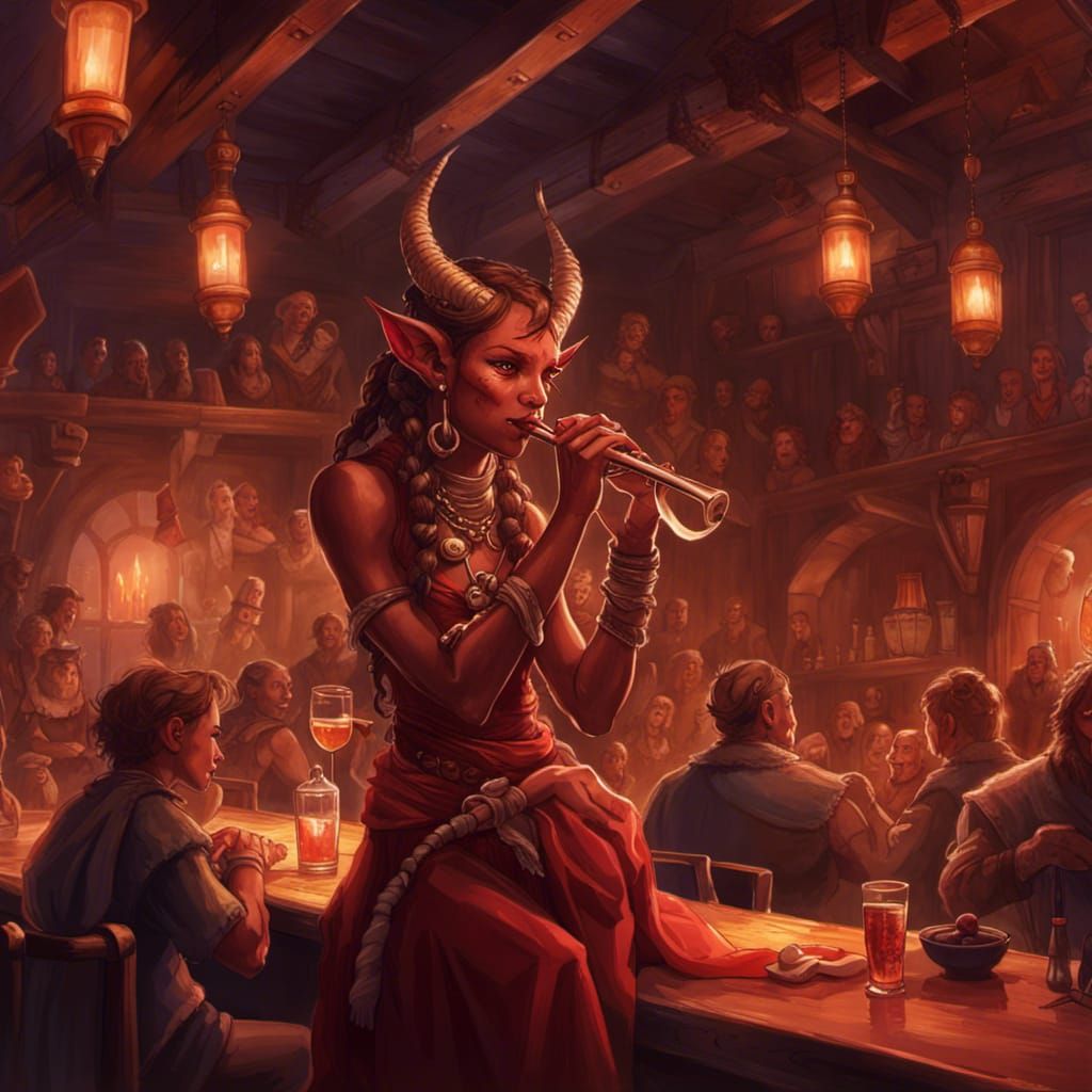 Tiefling Girl Dancing in Fantasy Tavern, Detailed Painting