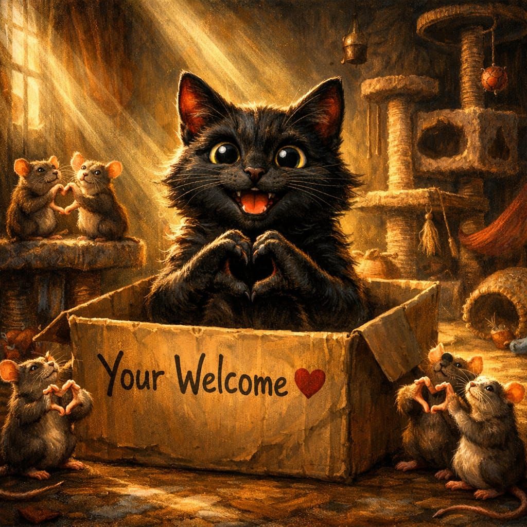 Joyful Black Cat in Cardboard Box as Fantasy Illustration