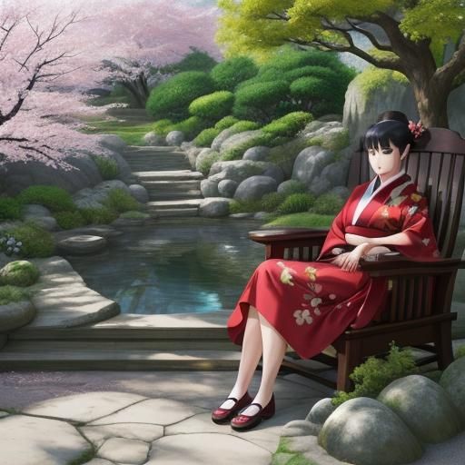 Siamese Cat in Kimono in Japanese Garden