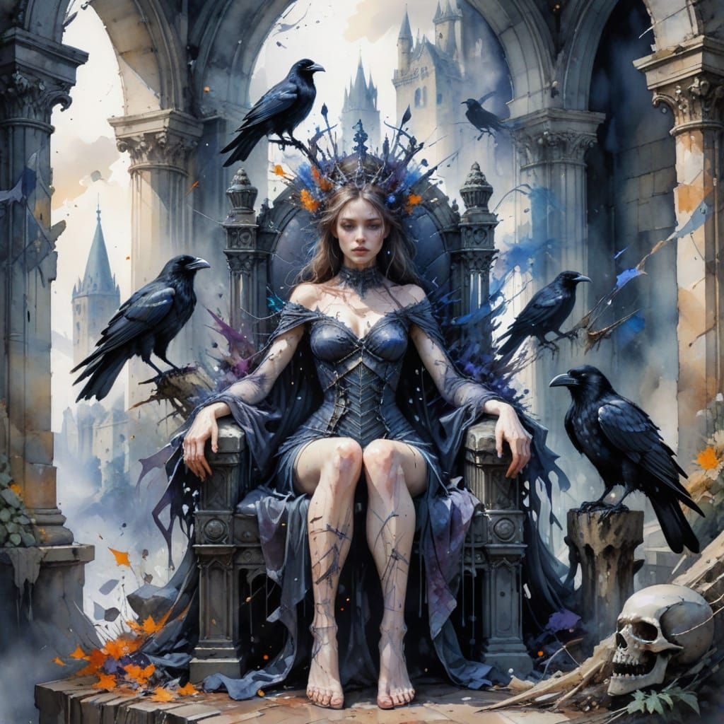 Necromancer Queen on Bone Throne in Watercolor Style