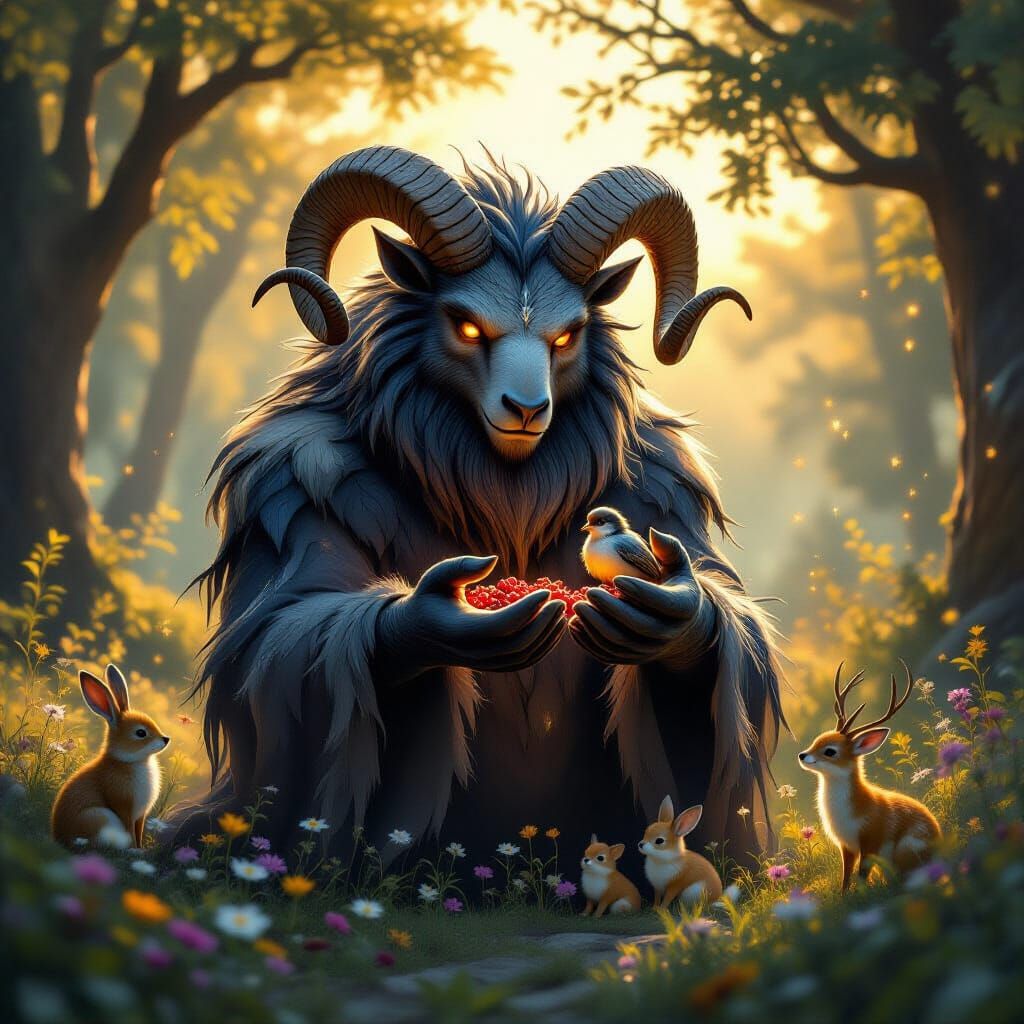 Magical Beast Cradles Bird in Ancient Forest: High Fantasy