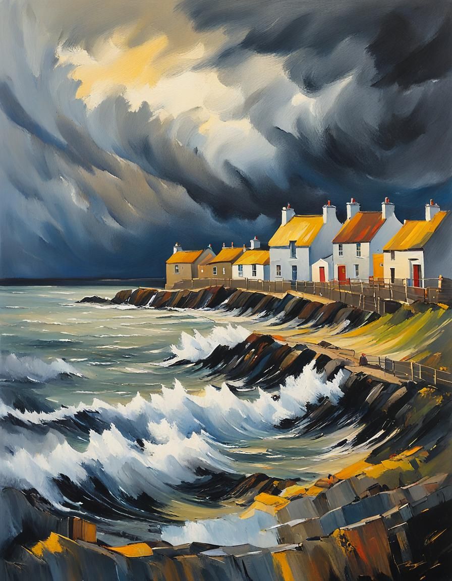 Stormy Scottish Coast: An Impressionist Gouache Painting