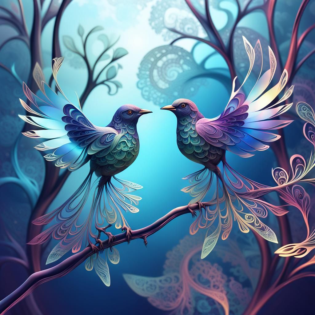 Intricate Fractal Birds in Abstract Expressionism Style