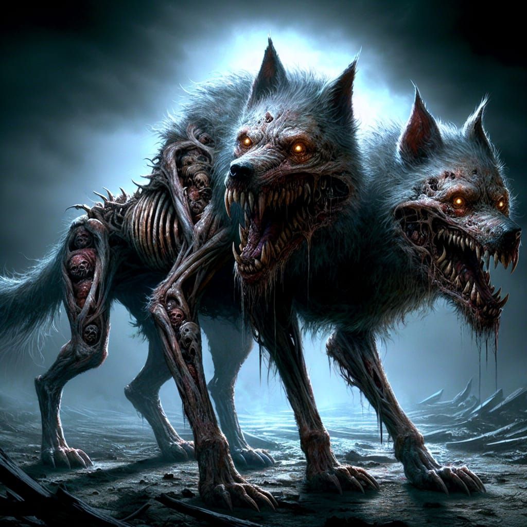 Menacing Two-Headed Undead Dog in Fantasy Art