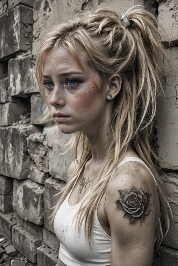 Dramatic Portrait of a Girl in War-Torn City