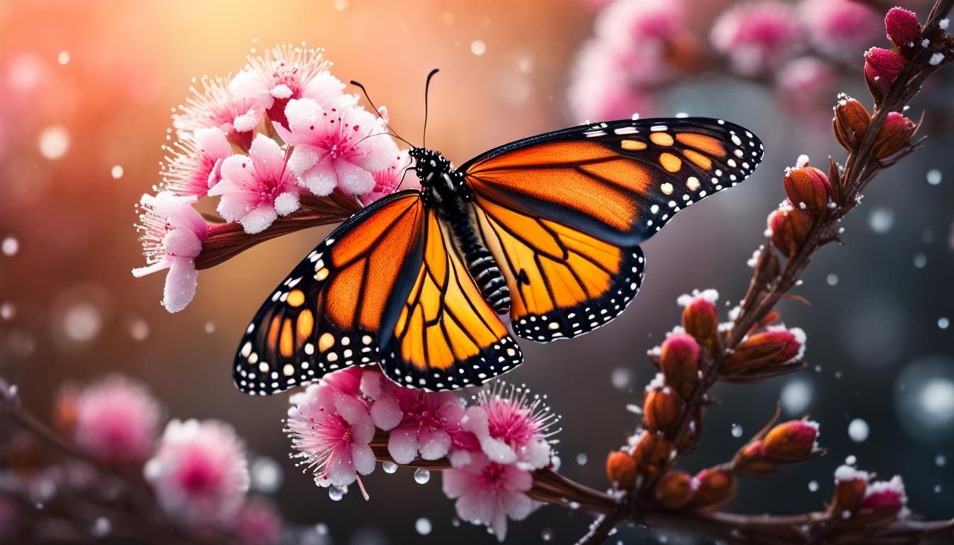 Hyperrealistic Monarch Butterfly with Pink Flowers and Snow