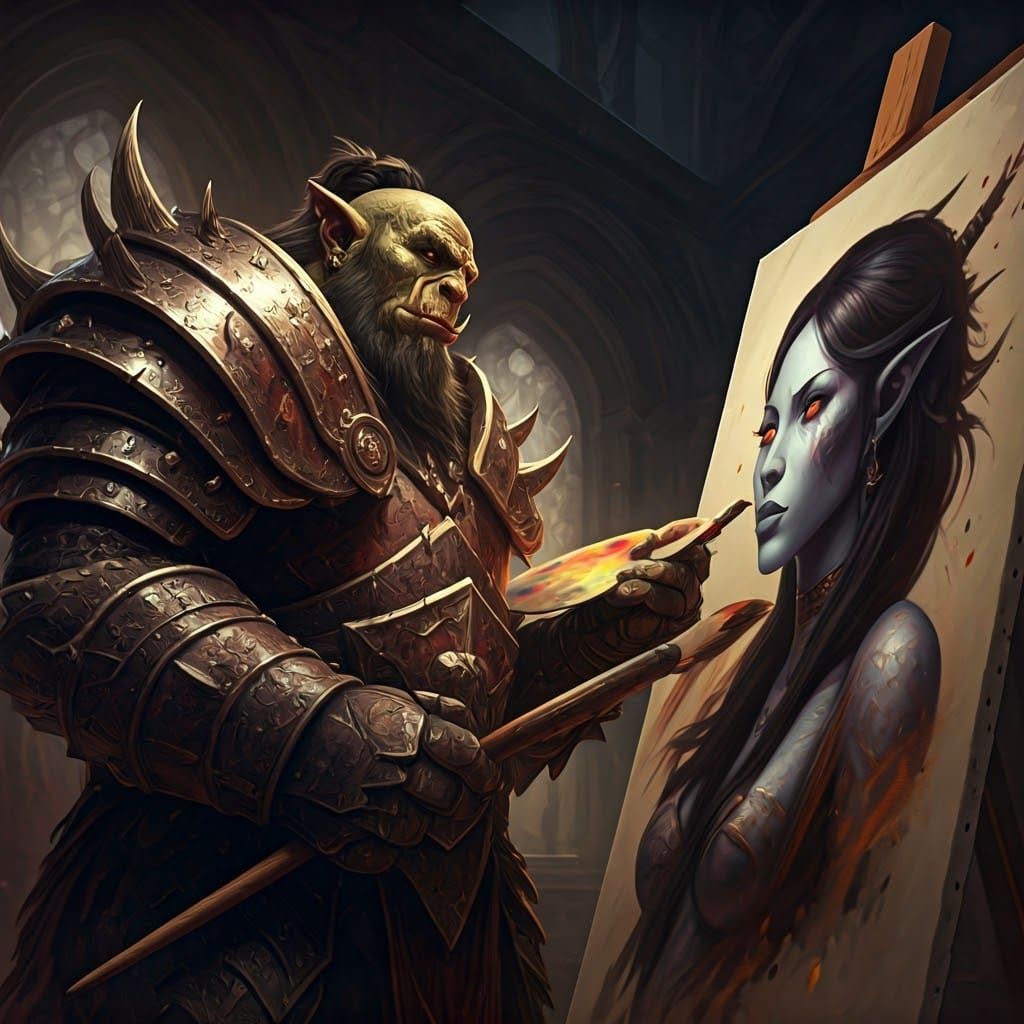 Orcish Artist Painting a Portrait in Hyperrealism